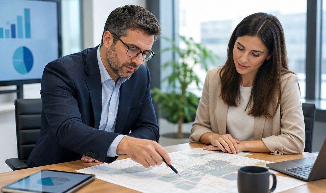 Property advisers comparing documents and plans during a consultation