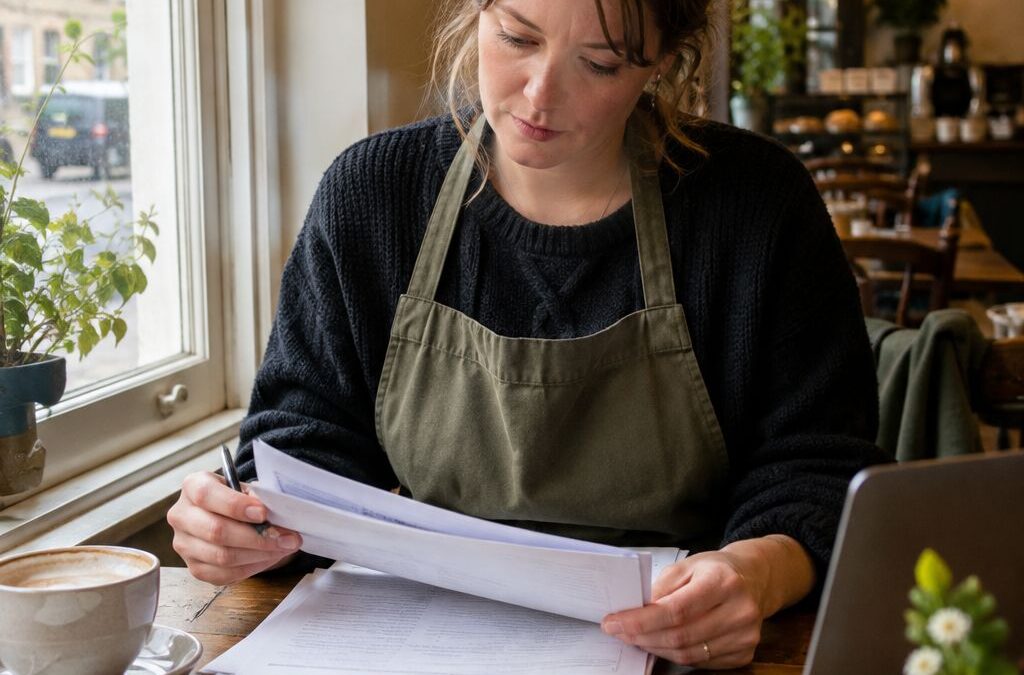 Small business owner reviewing rates paperwork in a cafe, for best business rates relief schemes 2026