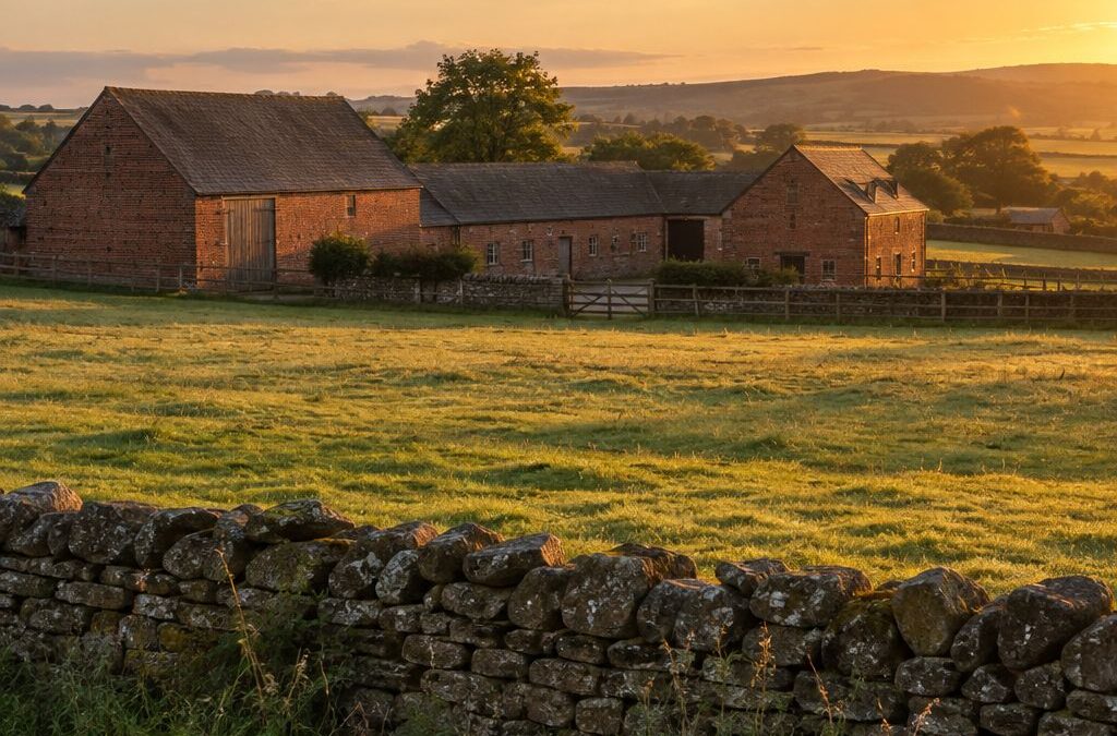 English farmland with barns at sunset, illustrating agricultural business rates exemption