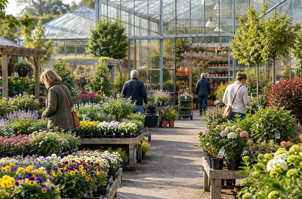 Garden centre retail yard with glasshouse and plant benches