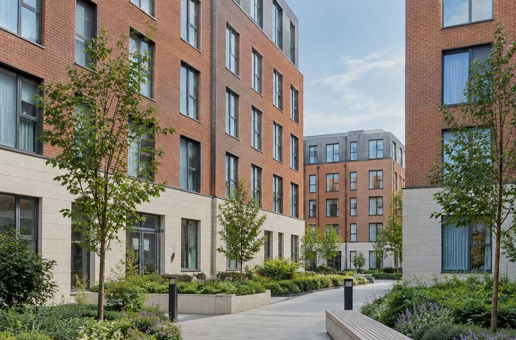 Modern brick student accommodation overlooking a landscaped courtyard