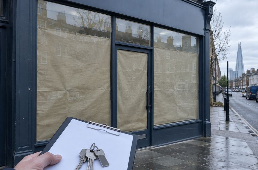 Landlord holding keys on a clipboard outside an empty shopfront in London