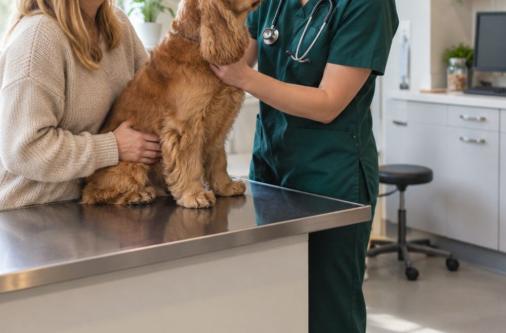 Veterinarian examining a dog in a modern practice
