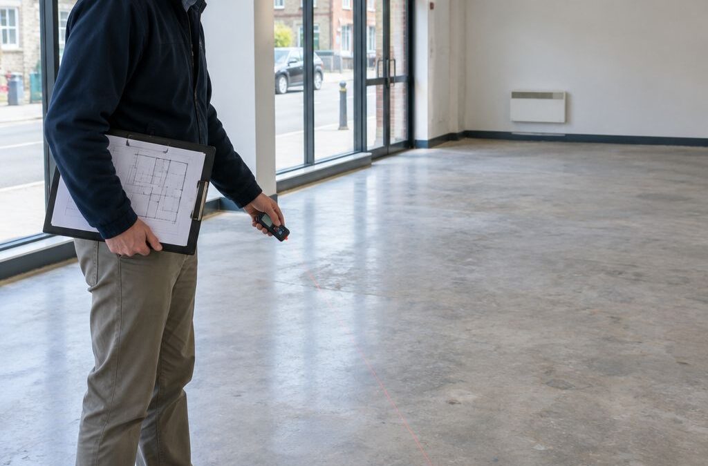 Surveyor measuring an empty commercial unit with a laser distance meter