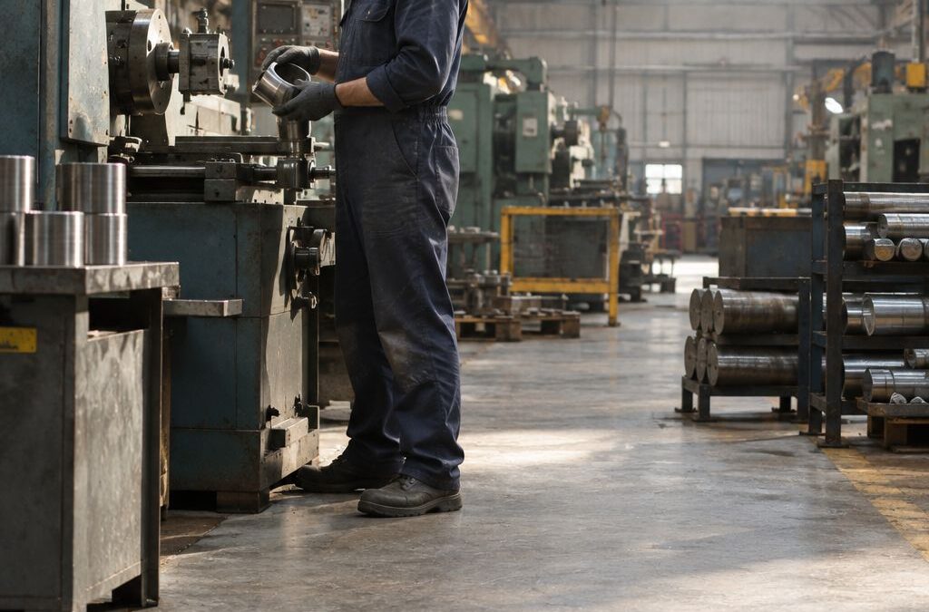 British factory floor with machinery and worker