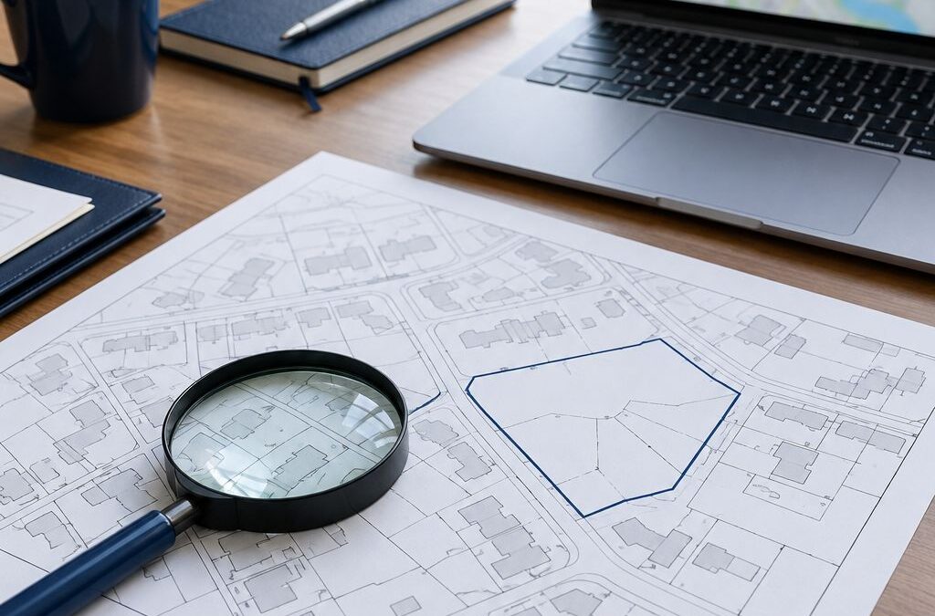 Property boundary plan and magnifying glass beside a laptop displaying a map