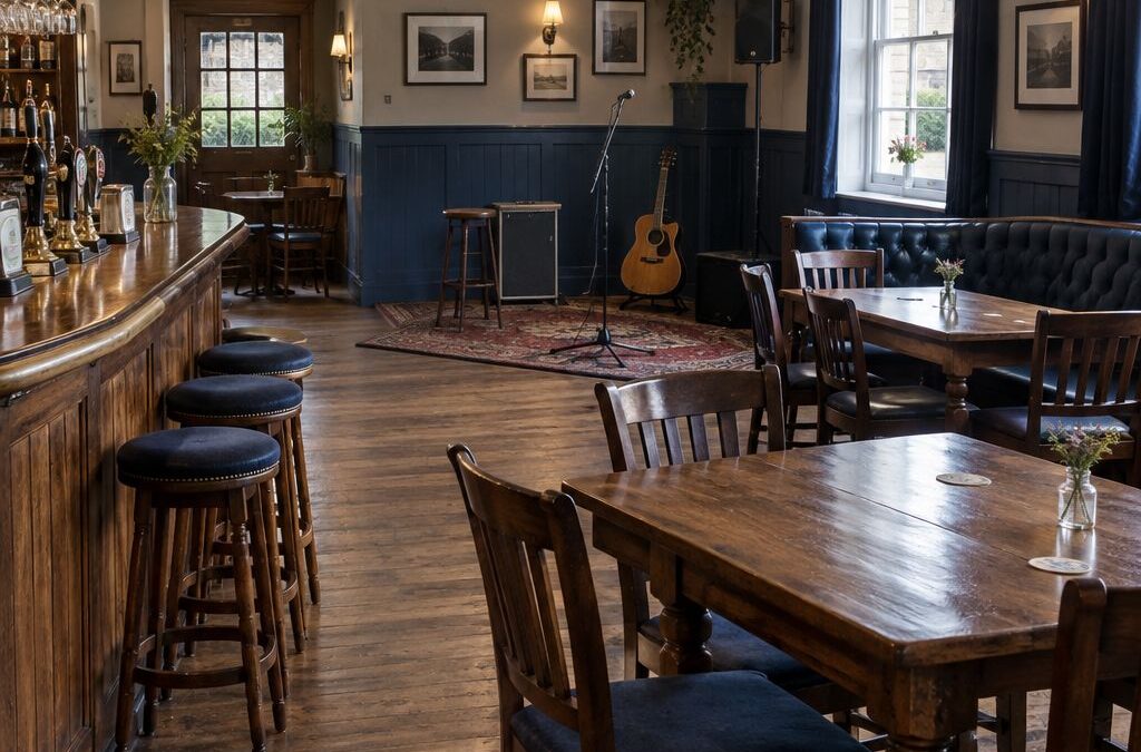 English pub interior with a small live music performance area