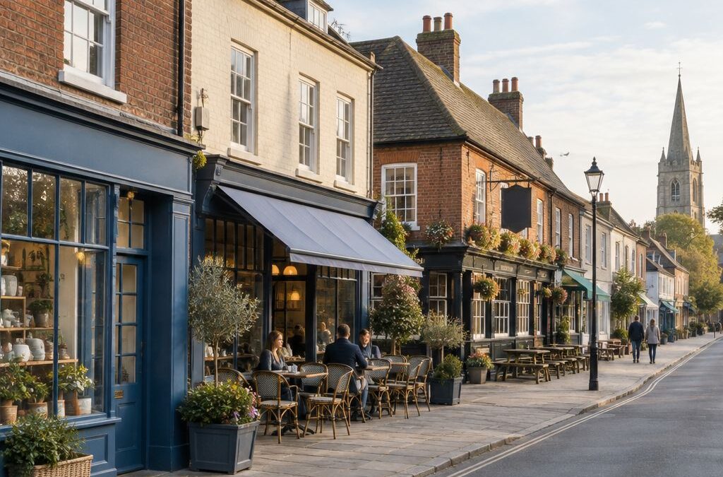 English high street with independent shops, a cafe and an inn