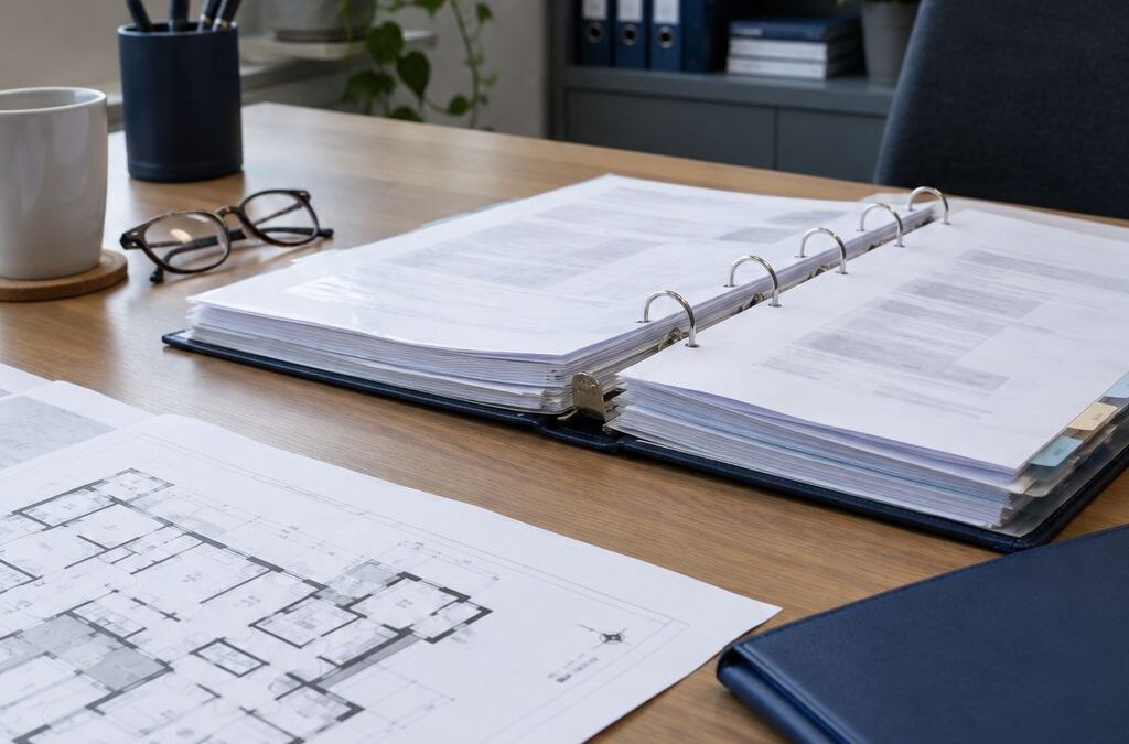 Property plans and an appeal evidence folder on a surveyor’s desk